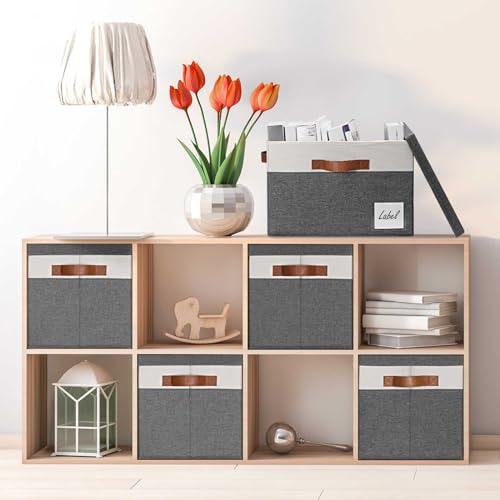 GhvyenntteS Storage Bins with Lids 3 Pack, Large Storage Baskets with Lids and Label, Foldable Fabric Storage Boxes with 3 PU Handles for Organizing Shelves Home Nursery Office (Grey, 15x11x9.6) - color: Grey with White, size: Large-3 Pack