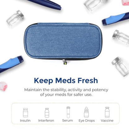 AUVON Insulin Pen Cooler Travel Case with 2 * 90g TSA Approved Ice Packs, Diabetic Medication Insulated Cooling Bag for Insulin Pens and Diabetic Supplies Storage, Compact for Daily Life and Trips - color: Blue