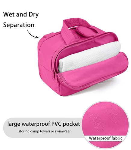 Travel Toiletry Bag for Women, Large Wide-open Puffy Cosmetic Makeup Bag with Wet-Dry Separation, Multi-Pocket Organizer with Carry Handle for Toiletries, Cosmetics, Essentials, Rose Red - color: Rose Red