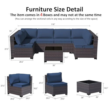 9 Pieces Outdoor Sectional Furniture All Weather PE Rattan Wicker Patio Conversation Set with Coffee Table and 8 Thickened Cushions,Navy Blue - color: Navy Blue, size: 9 Sofa Set
