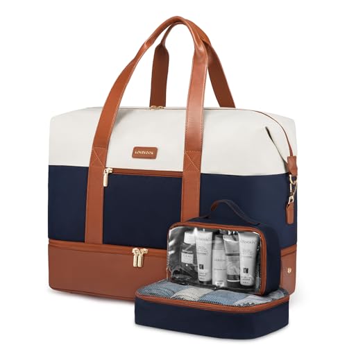 LOVEVOOK Weekender Bag for Women, Large Duffle Bag for Travel with 2 Packing Cubes, Carry on Overnight Bag with Shoe Compartment, Mom Hospital Bags for Labor and Delivery - color: Beige-Blue-Brown, size: 56L-3Pcs