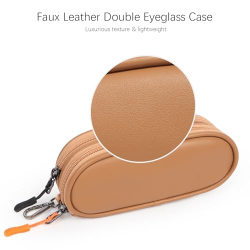 Double Eyeglasses Case Soft Portable Zipper Sunglasses Pouch with Keychain Clip for Men Women - color: Brown Pu