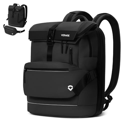 Verage Pulse 2-in-1 Roll Top Laptop Backpack 16″ with Detachable Everyday Sling Bag, Personal Item Size, Expandable Water-Resistant Travel Backpack for Airplane, Work & Daily Commute – Black - color: Black