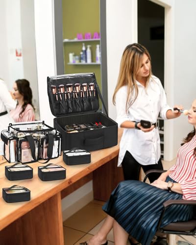 Relavel Makeup Backpack with Clear Makeup Bags, Extra Large Travel Train Case Makeup Artist Kit Set Bag with 4 Clear Bags, Storage Organizer Box with Dividers Cosmetic Hair Tools Barber Supplies - color: Black with clear makeup bags