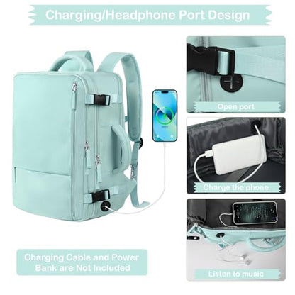 Hanples Large Travel Backpack for Women as Person Item Flight Approved, 35L Carry on Backpack, 17 Inch Laptop Backpack, Waterproof Backpack,Casual Bag with 2 Toiletry Bags (Mint Green) - color: Mint Green, size: Large