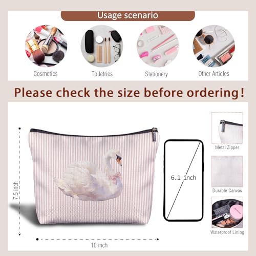 Coquette Pink Bow Swan Makeup Bag, Swan Gifts for Women Cosmetic Bags, Pink and White Striped Preppy Animal Makeup Zipper Pouch - color: Pink Bow Swan