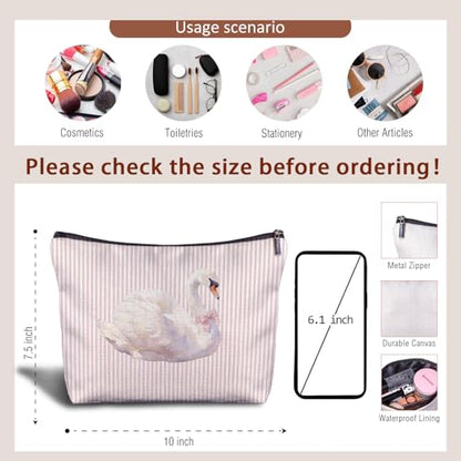 Coquette Pink Bow Swan Makeup Bag, Swan Gifts for Women Cosmetic Bags, Pink and White Striped Preppy Animal Makeup Zipper Pouch - color: Pink Bow Swan