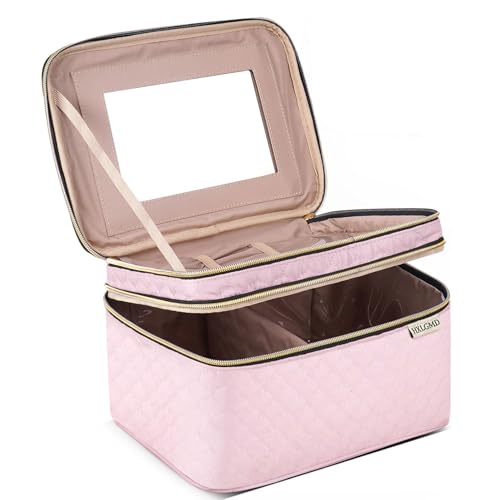 HXLGMD Large Makeup Bag with Mirror Double Layer Travel Make Up Organizer Case, Large Capacity Coemetic with Brush Slot Divider, Travel Toiletry Bag for Women (Pink) - color: Pink