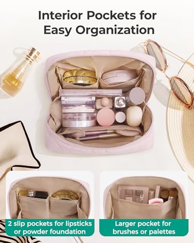 BAGSMART Puffy Makeup Bag, Wide Opening Cosmetic Organizer, Soft Water-Resistant Travel Toiletry Pouch for Women for Purse, Compact & Spacious - color: 02-Camel