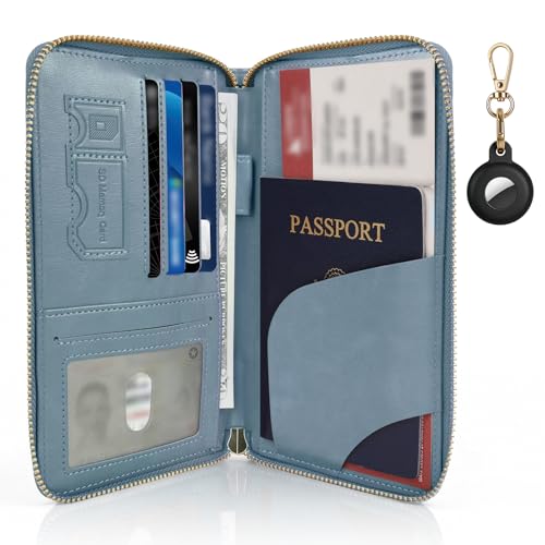 RFID Blocking Passport Wallet, Anti Theft PU Leather Passport Pouch with Tracker Case, Travel Document Organizer Zipper Wallet with Wrist Strap, Gifts for Women and Men (Blue) - color: Leather-Blue