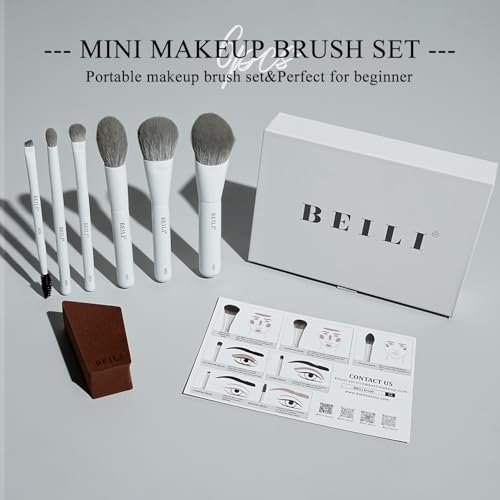 BEILI Mini 6Pcs Makeup Brush Set – Classic White, Professional Makeup Brushes for Foundation, Contour, Highlighter & Blending, Travel-Ready with Sponge - color: White