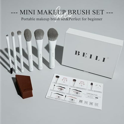 BEILI Mini 6Pcs Makeup Brush Set – Classic White, Professional Makeup Brushes for Foundation, Contour, Highlighter & Blending, Travel-Ready with Sponge - color: White
