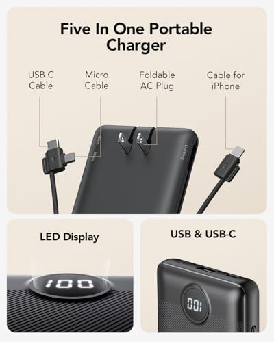 Portable Charger,Power Bank Built-in Cables and AC Wall Plug,VRURC USB C Portable Bank 10000mAh,Travel Essentials Phone Charger Compact Lightweight External Battery Pack for Smart Phones,Tablets-Black - color: Black