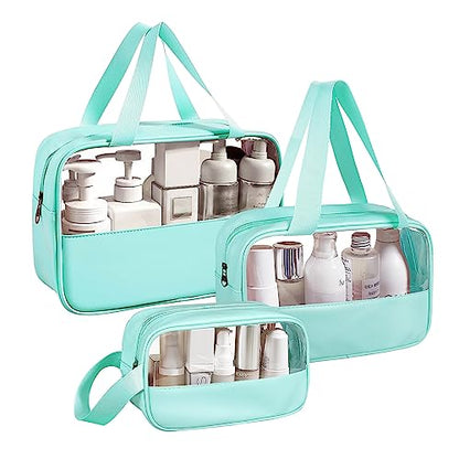 Clear Makeup Bag, 3 Pcs of Cosmetic Bags Set, Transparent PVC Travel Makeup Pouch, Waterproof Cute Toiletry Bag for Women (Mint Green) - color: Z-Mint Green-3pcs, style: 3pcs