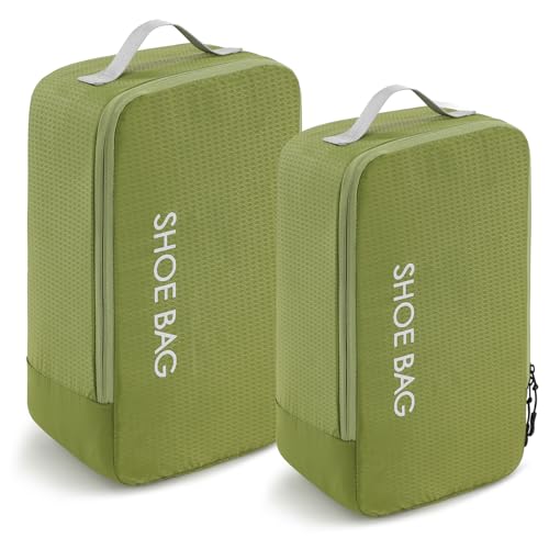 MissBoy Travel Shoe Bags, Set of 2 (Large+Small) Water Resistant Shoe Bag with Zipper & Handle, Foldable Shoe Storage Organizer for Men and Women - Green