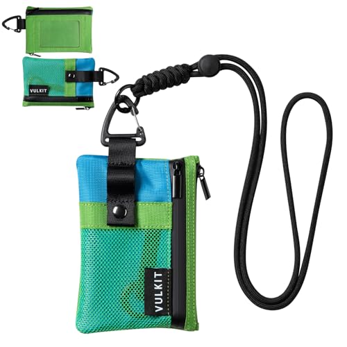 VULKIT Small Minimalist Wallet for Women and Men RFID Blocking, Zipper Coin Pouch with ID Window and Keychain, Water Resistant Travel Lanyard Wallet Green Blue - color: Green-blue