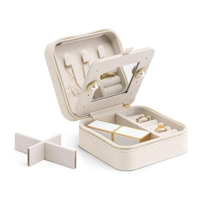 Vlando Small Travel Jewelry Box Organizer - Mirrored Carry-on Jewelries Necklaces Rings Earrings Necklace Storage Case, Beige - color: a. Beige