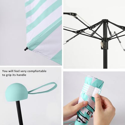 BAODINI Travel Essentials Mini Umbrella for Purse With Case Small Compact UV Sun Protection Lightweight Tiny Pocket Manual Open Close Umbrella for Women Kids and Men Fits Purse Backpack - color: H-1-Green Stripes