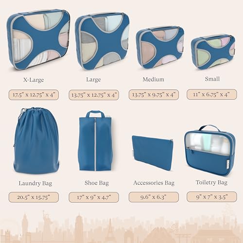 Shacke 8 Set Packing Cubes for Travel – Complete Luggage Organizer Set with Laundry, Shoe, Toiletry & Accessories Bag, Suitcase Travel Organizer (Navy Blue) - color: 8 Set - Navy Blue, size: Set of 8