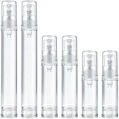 6pcs Airless Travel Pump Bottle, Empty Refillable Vacuum Pump Bottle, 5ml 10ml 15ml Plastic Press Lotion Travel Container for DIY Cosmetic Foundation Toiletries- Clear - color: Clear-6pcs-5,10,15ml
