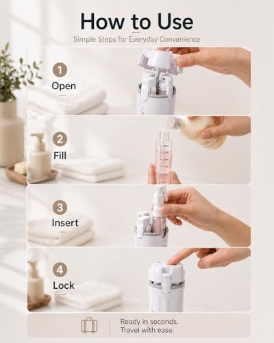 4 in 1 Travel Dispenser Bottle, TSA Approved Leak Proof Refillable Toiletry Containers for Shampoo, Conditioner, Lotion & Skincare – Easy Clean Travel Bottles for Gym, Business - color: White