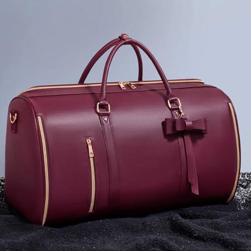 Garment Bags for Travel, Convertible Suit Travel Bag for Women, Cute Carry On Garment Bag w/Shoes Pouch, 2 in 1 Foldable PU Leather Hanging Duffle Bag, Single-Zipper Design, Sangria - color: Red