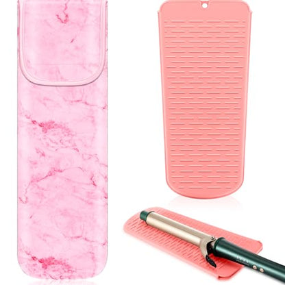 Shappy 2 Pcs Heat Resistant Hair Tools Bag Curling Iron Travel Case Cover Neoprene Flat Iron Holder Travel Case and Silicone Mat Pouch for Hot Hair Tools Storage Organizer(Pink Marble Style) - style: Pink Marble Style