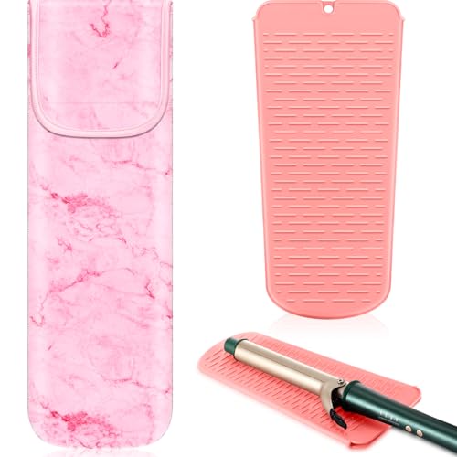 Shappy 2 Pcs Heat Resistant Hair Tools Bag Curling Iron Travel Case Cover Neoprene Flat Iron Holder Travel Case and Silicone Mat Pouch for Hot Hair Tools Storage Organizer(Pink Marble Style) - style: Pink Marble Style
