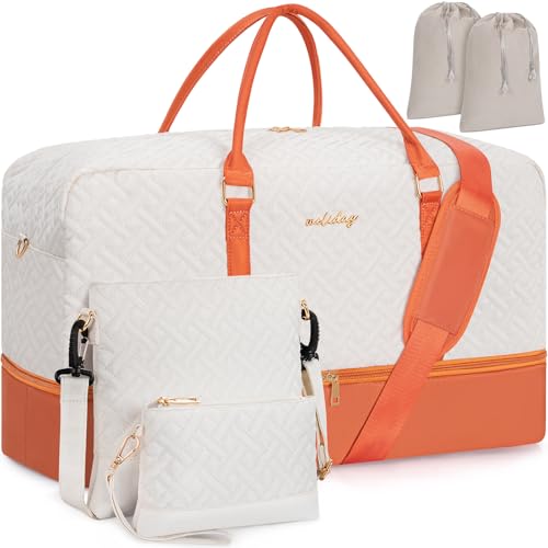 Weekender Bag for Women, 5 Pcs Set Carry on Overnight Bag, 23" Large Travel Duffel Bag with Waterproof Shoe Compartment for Weekend Travel Business Trip - color: Beige & Brown, size: Extra Large