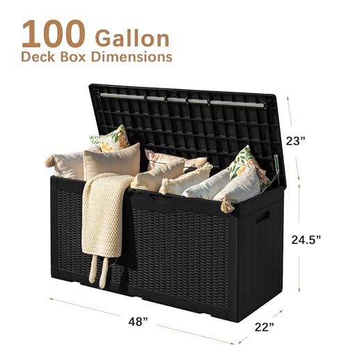 Devoko 97 Gallon Deck Box, Waterproof Resin Outdoor Storage Box for Outside and Patio, Large Outdoor Storage Bench Cabinet Lockable for Patio Furniture, Garden Tools and Pool Supplies (Black) - color: Black, size: 97 Gallon 1 Pack