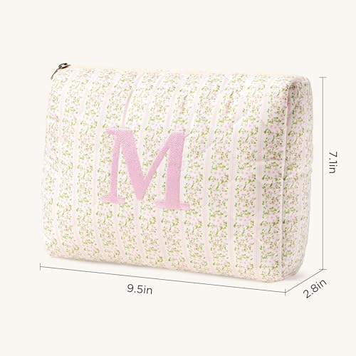 HBselect Initial Quilted Makeup Bag, Pink Cosmetic Travel Toiletry Bag, Flowers Coquette Zipper Make Up Pouch Organizer Teen Girl Gift Trendy Stuff M - color: 1Pc Medium Pinkflower, style: M