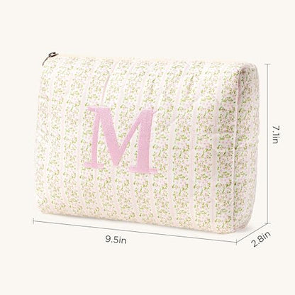 HBselect Initial Quilted Makeup Bag, Pink Cosmetic Travel Toiletry Bag, Flowers Coquette Zipper Make Up Pouch Organizer Teen Girl Gift Trendy Stuff M - color: 1Pc Medium Pinkflower, style: M