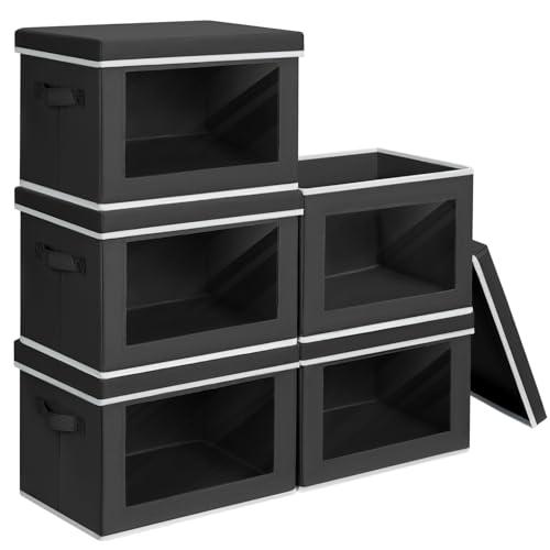 Homsorout Storage Boxes with Lids - 5 Pack Foldable Clear Window Storage Bins, Large Decorative Storage Bins with Handles, Storage Containers for Clothes, Towel, Blanket, Sheet, Black - color: Black, size: L(5-Pack)