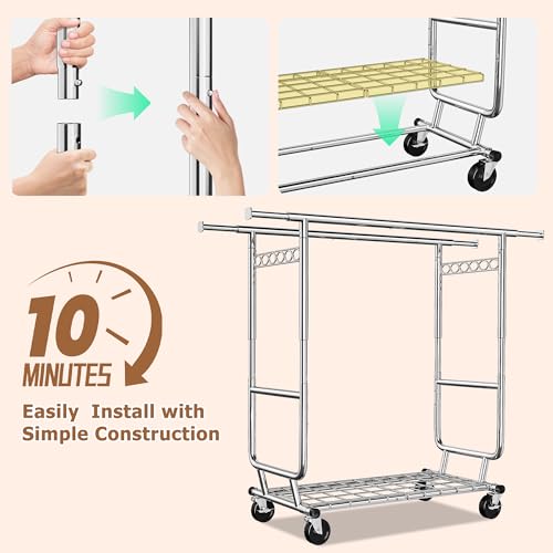 Raybee Clothes Rack, Seasonal Storage & Closet Organize, Collapsible Frame | Heavy Duty, Large Capacity, Commercial-Grade Stainless Steel, Expandable Rods, Height Adjustable, Lockable Wheels, Fast Setup - color: Chrome