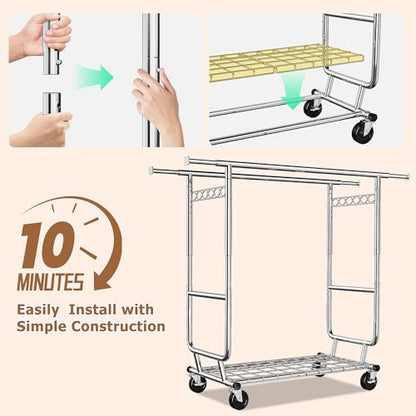 Raybee Clothes Rack, Seasonal Storage & Closet Organize, Collapsible Frame | Heavy Duty, Large Capacity, Commercial-Grade Stainless Steel, Expandable Rods, Height Adjustable, Lockable Wheels, Fast Setup - color: Chrome