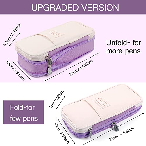 Large Capacity Pencil Case, Expandable Stationery Bag with Zipper compartments, Aesthetic Pencil Case Pouch for Office College School Students Teen Girls Boys - color: Purple Beige