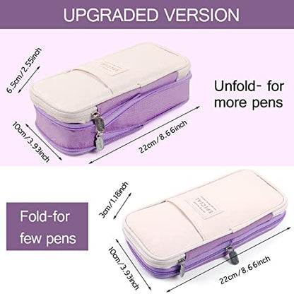 Large Capacity Pencil Case, Expandable Stationery Bag with Zipper compartments, Aesthetic Pencil Case Pouch for Office College School Students Teen Girls Boys - color: Purple Beige