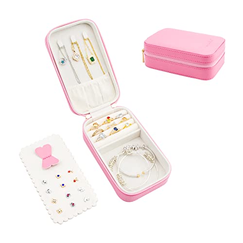 Small Travel Jewelry Organizers Box for women with PU Leather Portable Mini Jewelry Case with compartments for Necklace Rings Earrings,Luxury Giftable boxes. (Pink, M) - color: Pink, size: M