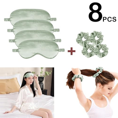 Satin Eye Mask 8Pcs Silk Sleep Masks Silky Blindfold Eyeshade Blackout Eyes Cover Scrunchies Hair Ties Travel Wedding Gifts - color: Sage
