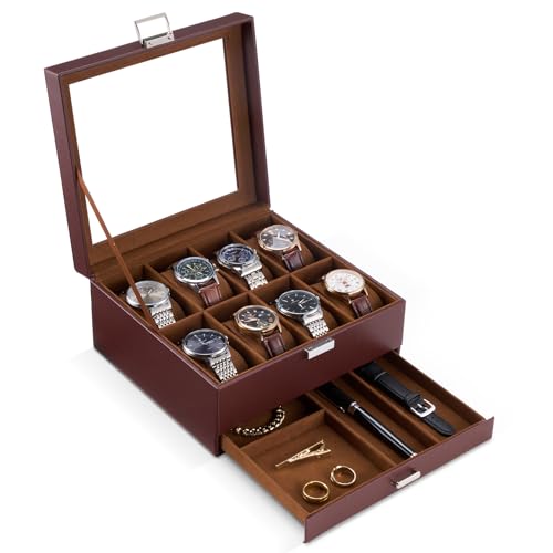 ProCase Watch Box, 8 Slot Watches Display Case with Drawer, Mens Watch Case with Glass Lid, 2-Layer Mens Jewelry Organizer Storage Holder, Birthday Valentine Gifts for Men -8 Slot, Espresso - color: Espresso, size: 8-Slot
