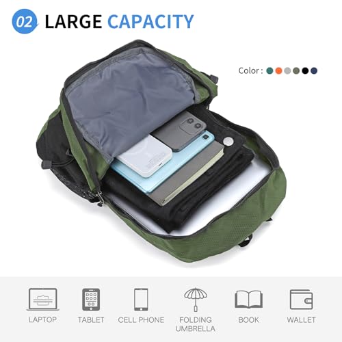 Hiking Daypack Packable, Camping Backpack Water Resistant Lightweight Polyester for Men Women Travel Outdoor - color: Dark Green