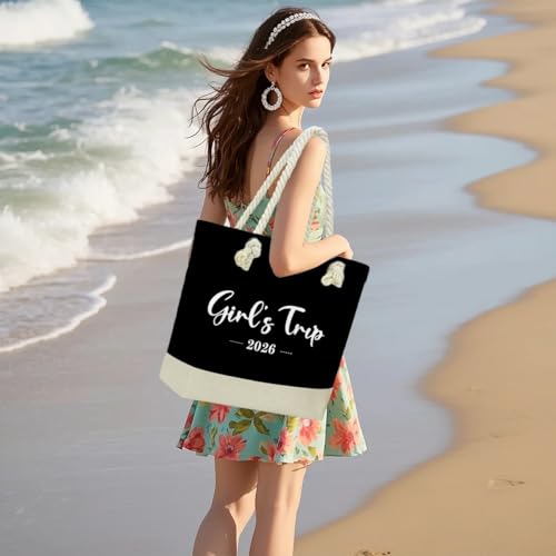 Fokongna Tote Bag For Women, Beach Bag Best Friend Travel Birthday Gifts, Travel Parties Vacation Shopping Essentials - color: Girls Trip Black