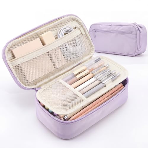 WEMATE Pencil Case, Large Storage Organizer, Makeup Bag, Teacher Must - have, Big Pencil Pouch, Marker Case for College - color: Light Purple
