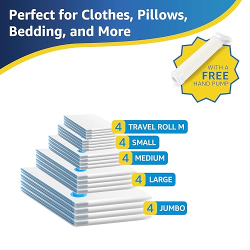 Simple Deluxe Vacuum Storage Bags 20 Pack, Space Saver Bags with Hand Pump, Vacuum Seal Bags for Clothing Travel, Comforters, Blankets, Bedding, Pillows (4 Jumbo/4 Large/4 Medium/4 Small/4 Roll M) - size: 20 Combo