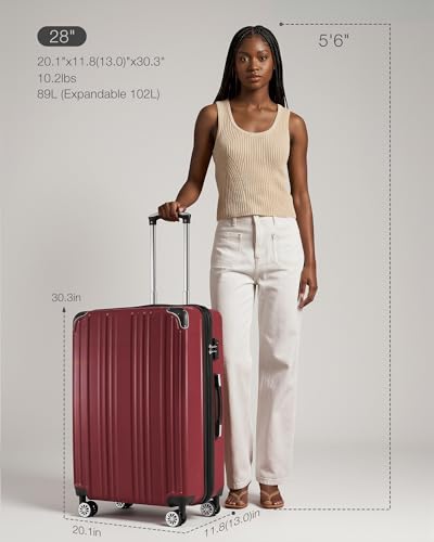 Coolife Luggage, Suitcase with Durable and Lightweight, Large Checked Luggage with PC+ABS Hardshell Expandable, Dual Spinner Wheels, TSA Lock, and YKK Zipper(wine wind ne, L(28in)) - color: wine wind new, size: L(28in)