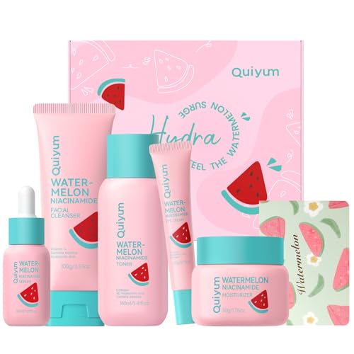 QUIYUM Watermelon Niacinamide Skin Care Set, Beauty Skincare for Teens- Gift Set with Cleanser, Toner, Eye Cream, Moisturizer, Serum, Juicy Glow Facial Routine for Girls, for All Skin Types (5PCS) - size: 5 Pieces