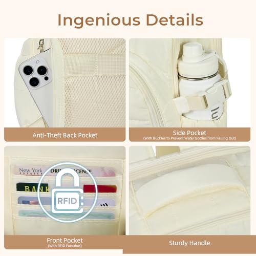 CLUCI Wrinkle-Resistant Laptop Backpack for Women, 17.3 Inch Anti Theft Travel Backpack, Puffer Quilted Work Backpack, Water Resistant College Bookbag with RFID - color: Wrinkle-resistant Fabric White