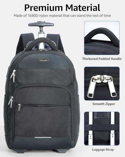 Ponhog Rolling Backpack, 30L Travel Laptop Backpack with Wheels, 15.6 Inch Roller Carry on Luggage with USB Charging Port, Flight Approved Personal Item Wheeled Suitcase for Men Women Adults, Black - color: Black