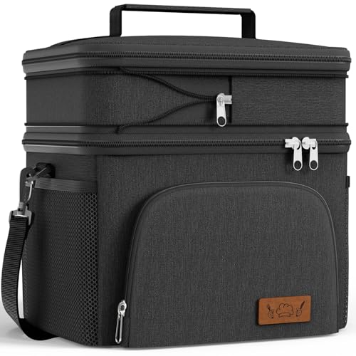 HOTOR Insulated Lunch Box for Men & Women - Leak-Proof Cooler Lunch Bag with 4 Pockets, Adjustable Strap, Ideal for Work, Picnic, Travel - Black, 2 Layers, Large, 11.81"×7.87"×13.39" - color: Black, size: 20l - 2 Tier