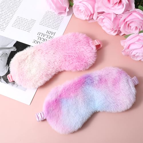 2 Pcs Plush Eye Mask Soft Sleeping Blindfold Eye Cover Comfortable Furry Faux Fur Sleeping Mask Satin Nap Night Eyeshade Cover for Women Men Gift (Purple, Red) - color: Purple&red